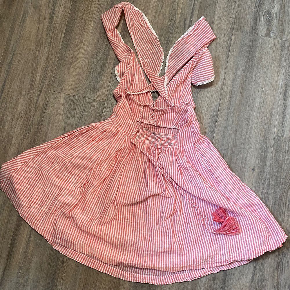 Free People Heartlines Mini Dress‎ Pink Striped Ruffle Backless Cross NWOT XS - Picture 4 of 8